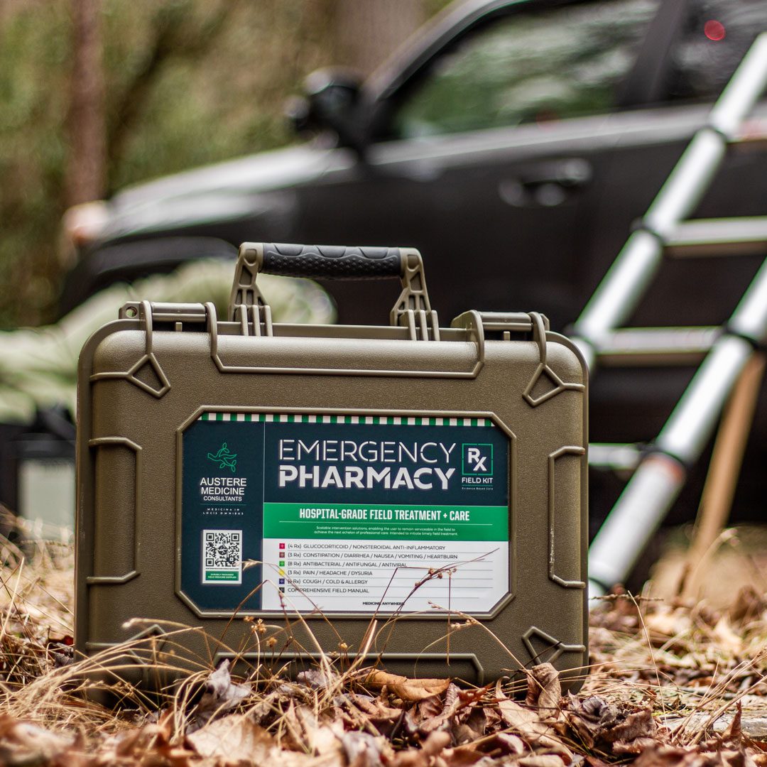 EPFK hard case with the Emergency Pharmacy Rx label beside a vehicle in the field