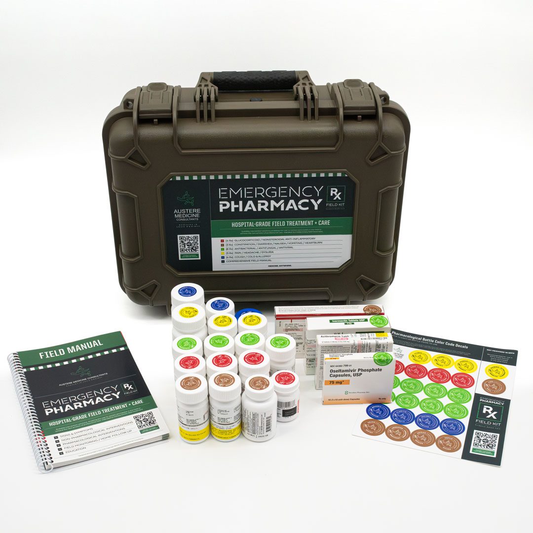 Emergency Pharmacy Field Kit — hard case, color-coded field manual, labeled prescription medication bottles, and organizational decals